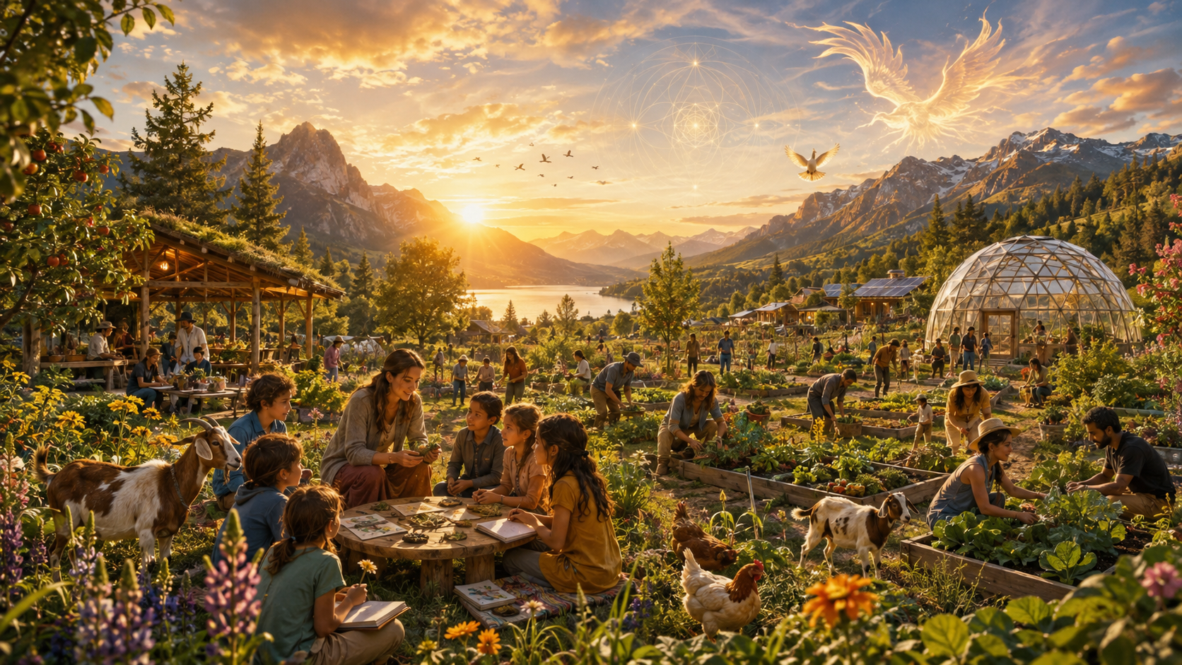 A diverse group collaborating around a round table with plans, technology and light, surrounded by nature