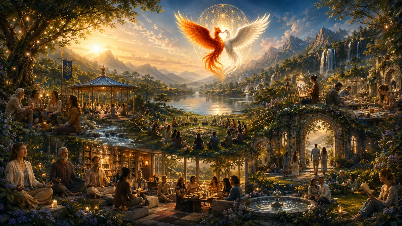 A wide paradise valley scene with circles of people meditating, learning, creating and sharing meals among gardens, water and mountains