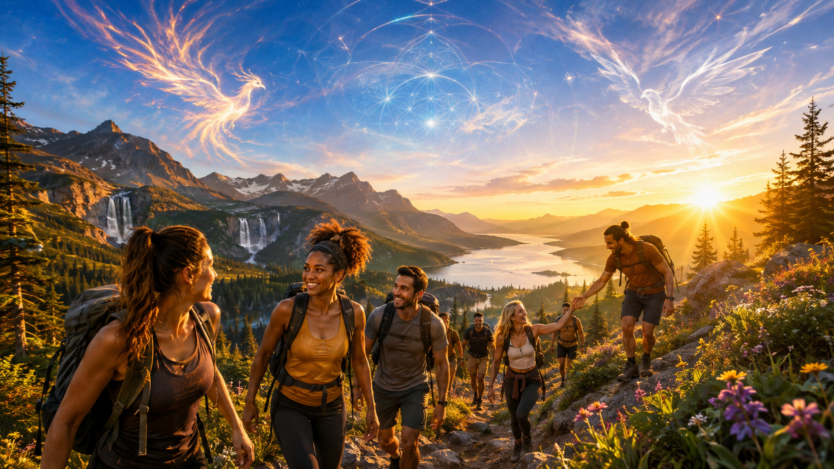 A joyful group of friends hiking a mountain trail at sunrise, with a luminous firebird and white dove in the sky above lakes and waterfalls