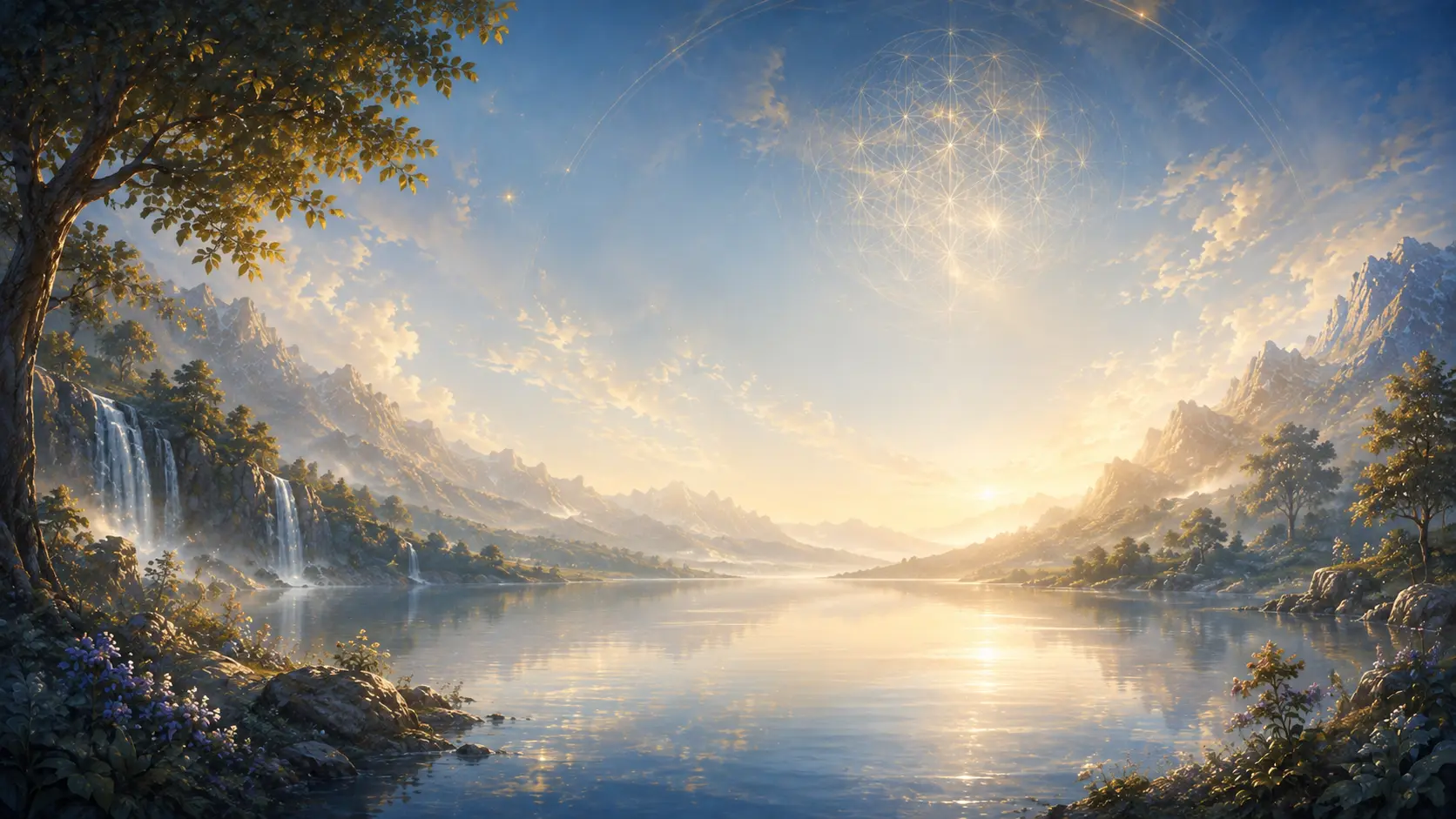 A white dove in flight over a calm mountain lake at dawn