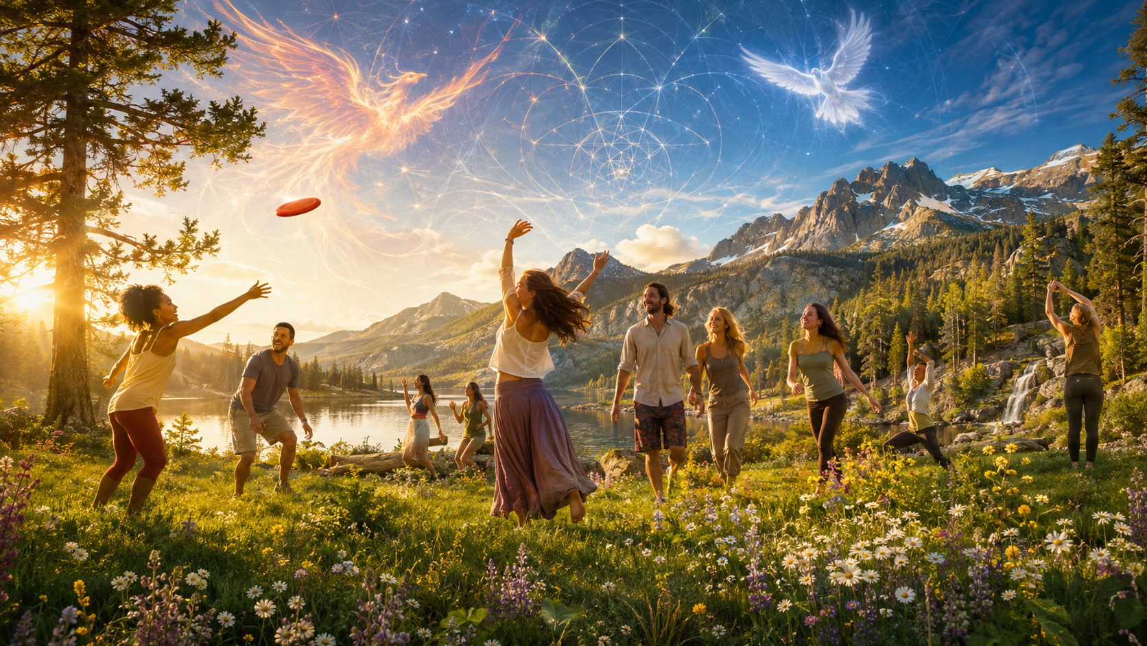 Friends playing and dancing in a sunlit alpine meadow of wildflowers beside a lake, with a firebird and white dove of light in the sky