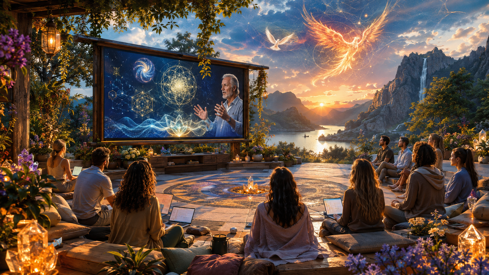 An outdoor learning circle at golden hour, with a presenter beside a large screen showing sacred geometry, and attendees seated around a fire pit with laptops, surrounded by mountains, water, and a luminous firebird and white dove in the sunset sky