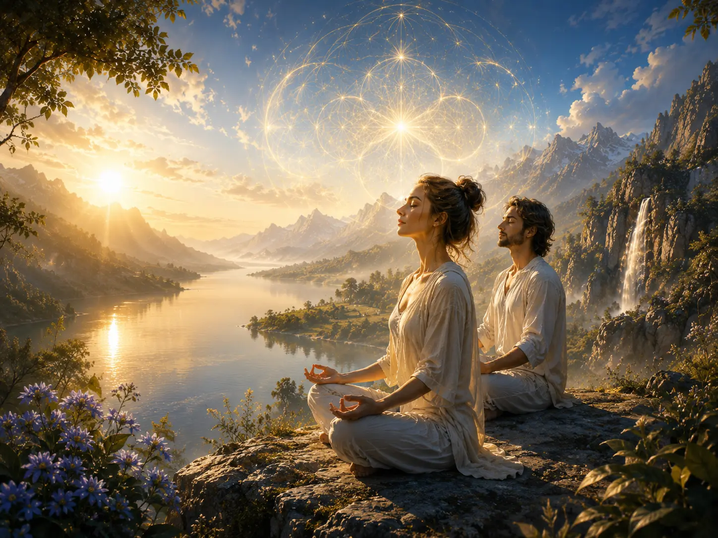 Two people meditating on a cliff above a golden lake with luminous sacred geometry in the sky