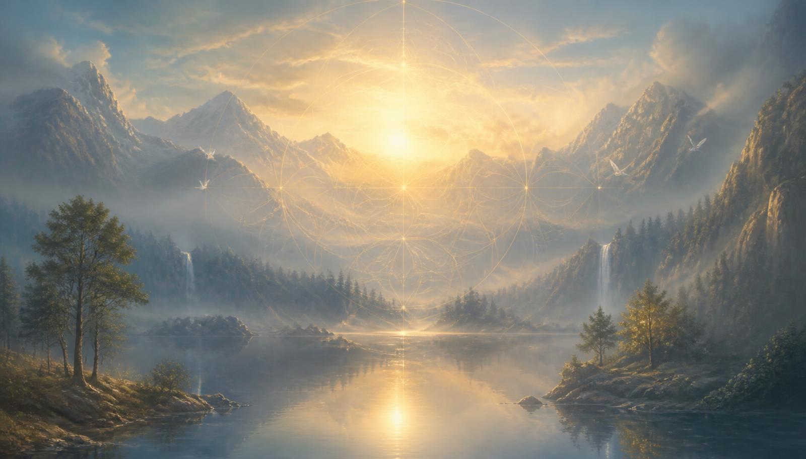 Misty mountain valley at dawn with still water and soft golden light
